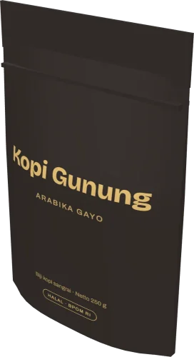 Mockup 3D Standing Pouch Ziplock dengan desain Kopi Gunung